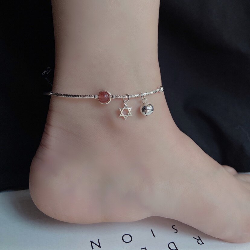 925 sterling silver anklet transfer six-pointed star natural strawberry crystal woman simple cute bell anklet Tanabata gift