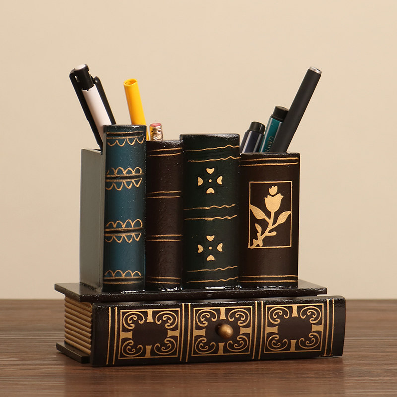 American retro wooden creative pen holder, personalized student desktop storage box, stylish home and study decoration.