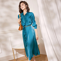 European station light mature wind 2021 autumn acetic acid satin blue dress silky comfortable ruffle shirt skirt