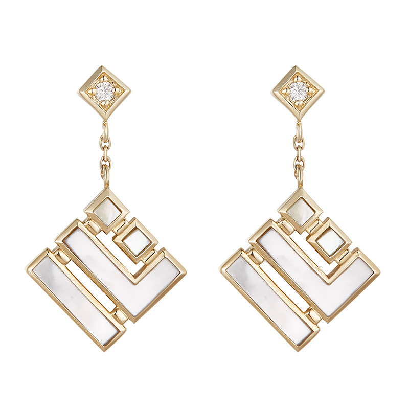 FADOOOJ Japanese light luxury light jewelry 10k yellow gold white gold moissanite Shirakawa fritillary enamel earrings geometric commuter