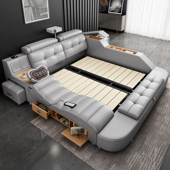 Tatami bed master bedroom double bed modern minimalist double bed smart projector massage multifunctional bed leather bed