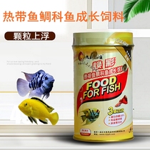 A pint of red tropical fish snapper growth feed small tropical fish floating with a pint of red fish grain