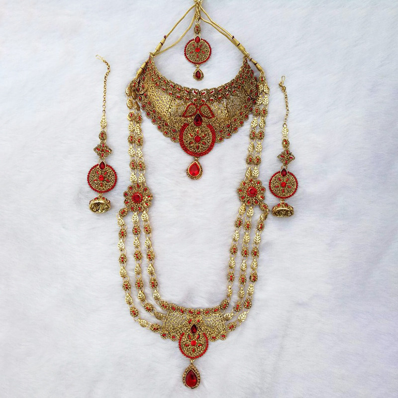 Indian Ornament Import 4 Pieces With Length Necklace Earrings Headwear Accessories Bollywood Wind National Windy Gold Jewellery