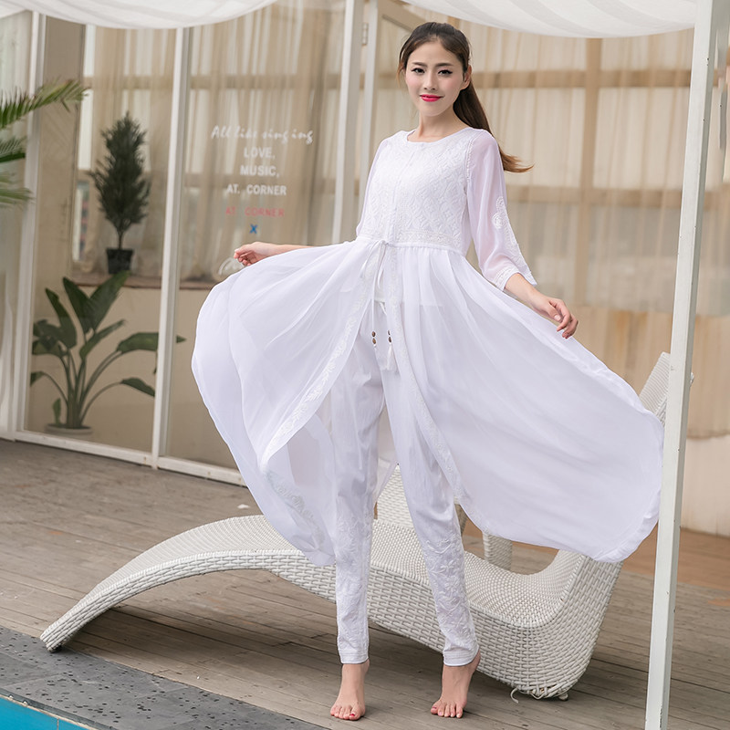 Indian white yoga clothes master suit Joseph yarn pure hand embroidery vest pants three pieces