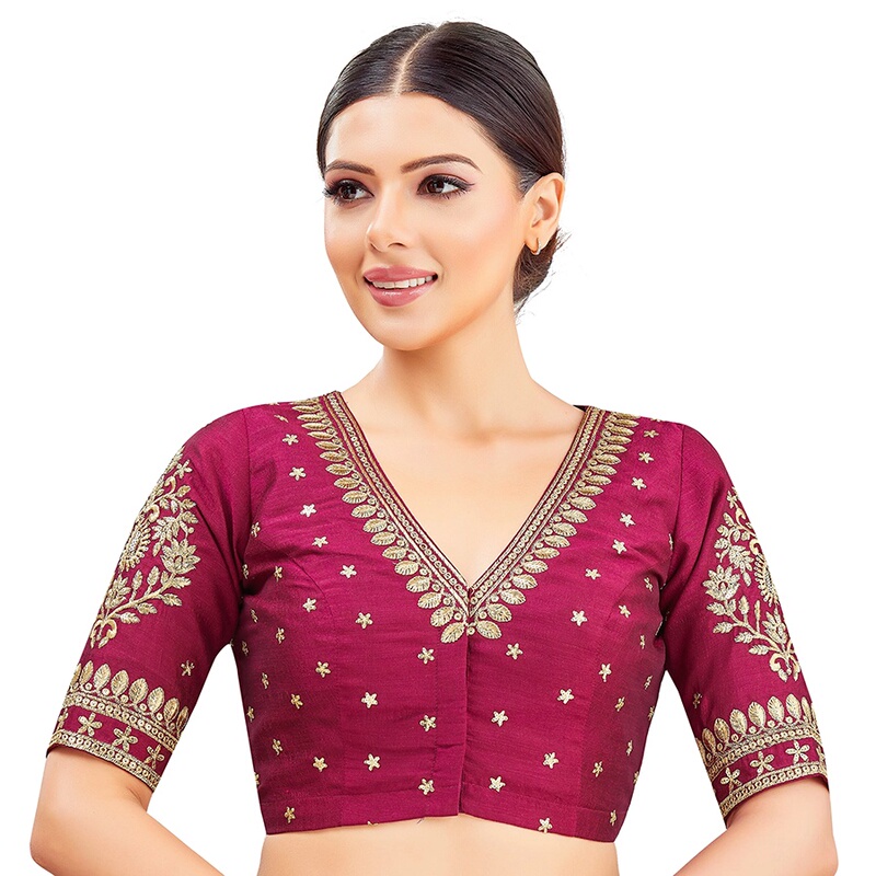 Indian Exotic Style New Product Rose Red Saree Everyday Versatile Classic Mid-Sleeve Silk Blend Blouse