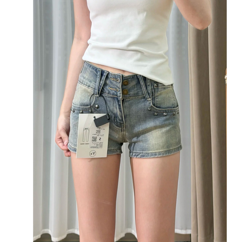 American Retro Style Spicy Girl Low-Waist Workwear Denim Shorts for Women, Summer Thin Elastic Slimming Butt-Lifting A-Line Hot Pants