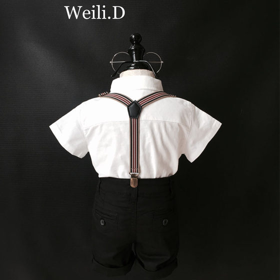 2024 Summer Boys British Style Dress Male Baby Gentleman One Year Old Suit Short Sleeve White Shirt Overalls Handsome