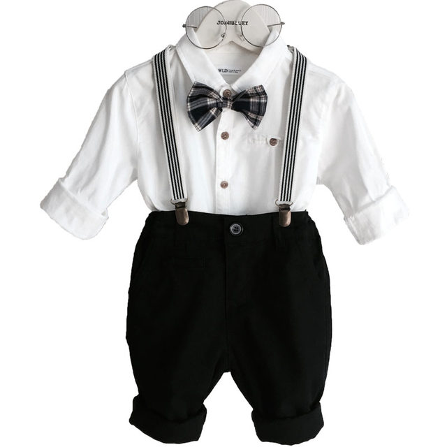 Boys' one-year-old dress suit, children's flower girl photography performance clothes, children's white shirt, black overalls, fashionable