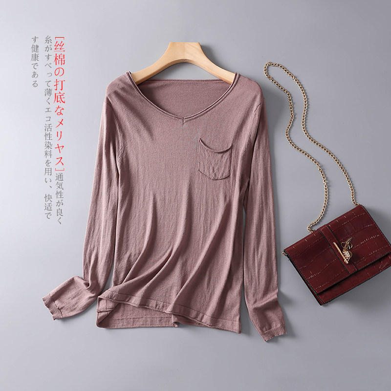 Autumn Winter New Mulberry Silk Cotton V Collar Long Sleeves Inner Hitch Warm Real Silk Blouse Hooded T-shirt Minimalist T-shirt Minimalist