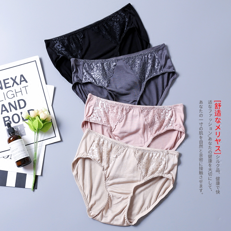 New summer silk ladies briefs mulberry silk lace sexy mid-waist seamless breathable large size panties