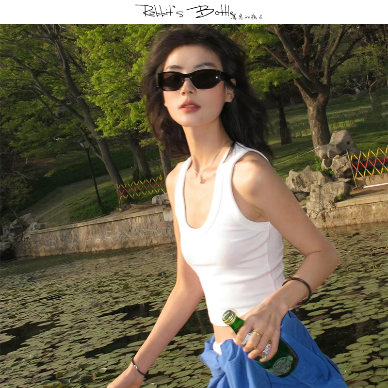 Summer All-Cotton U-Neck White Tank Top for Women, Suitable for Layering or Wearing Alone, Short, Slim-Fit, High-Waisted, Sleeveless, Versatile Top T-Shirt