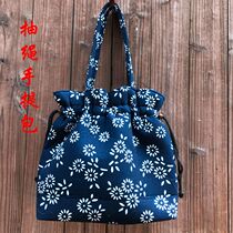 Wuzhen ethnic wind blue printed cloth drawstring Hand bag small floral cotton cloth bag Chinese style mother satchel