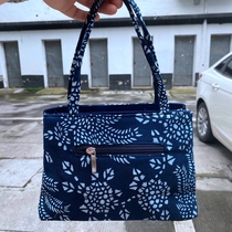 Wuzhen pure cotton printed cloth blue white and red small tote bag fashionable retro mother bag multi-layered square bag zippered cloth bag for shopping