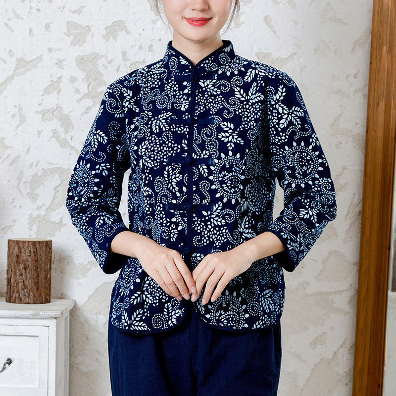 Wuzhen characteristic blue calico handmade plate buckle long-sleeved top Women's shirt leisure farm hotel workwear suit