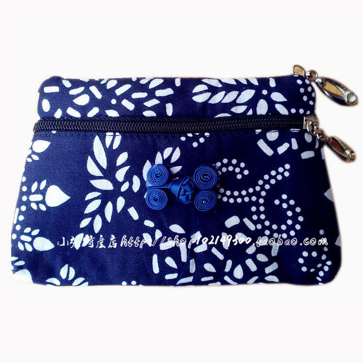 Wuzhen characteristic blue calico double zipper wallet Card bag Small cloth bag Tourist souvenir Small clutch bag