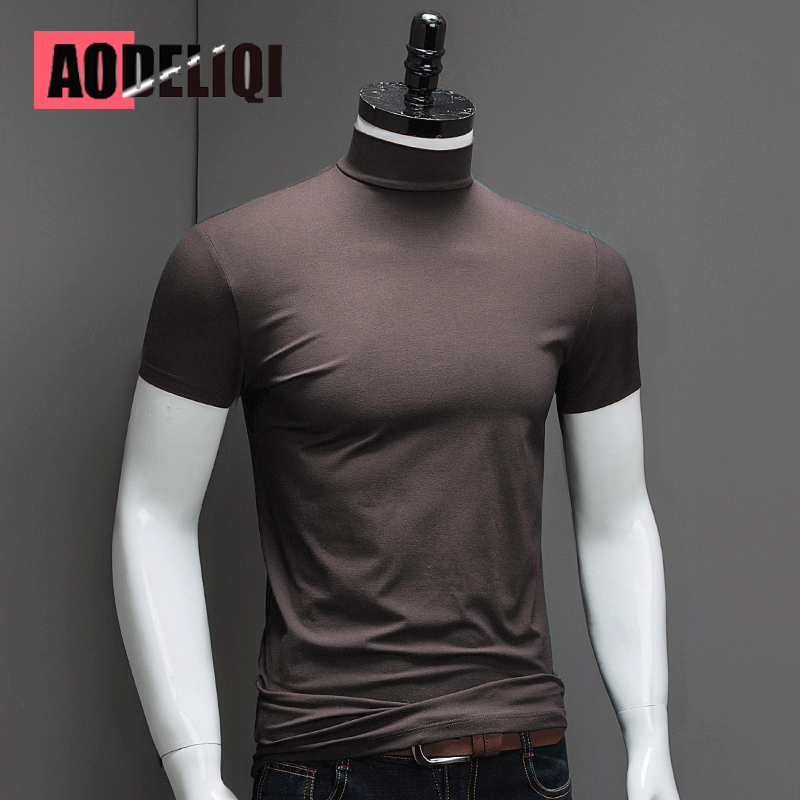 Men's Half-High Collar Slim-Fit Short-Sleeve Fleece T-Shirt, Youth Modal Solid Color T-Shirt, Mercerized Cotton High-Neck Base Shirt