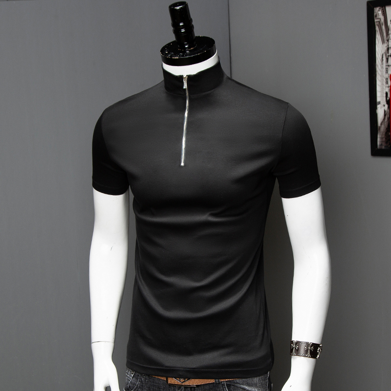Zipper High-Neck Men's Short-Sleeve T-Shirt, Solid Color Mercerized Cotton, Slim-Fit Half-Sleeve Stand-Up Collar Base Shirt, Convertible Half-High Collar T-Shirt
