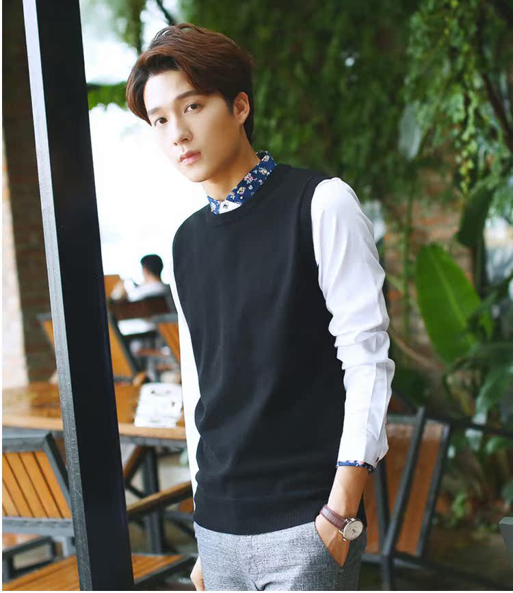 Áo len cotton cổ tròn vest vest không tay áo len phiên bản Hàn Quốc của áo len không tay tự phối áo len đáy áo len dệt kim