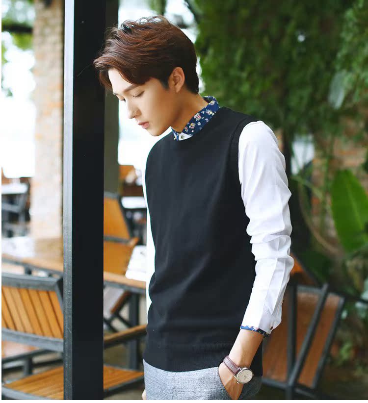 Áo len cotton cổ tròn vest vest không tay áo len phiên bản Hàn Quốc của áo len không tay tự phối áo len đáy áo len dệt kim