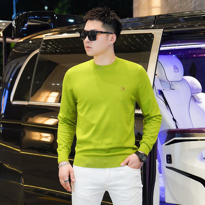 2025 Autumn/Winter Men's Fashion Colorful Grass Green Round Neck Long Sleeve Sweater Slim Fit Base Layer Top for Men