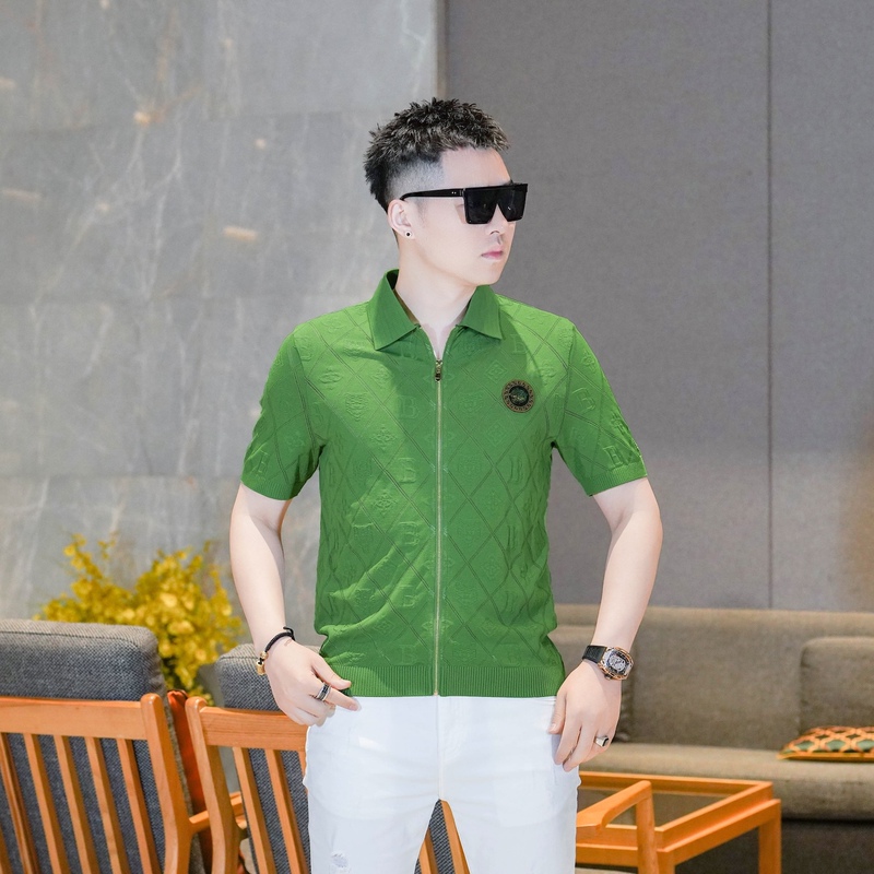 2026 Summer Trendy Brand High-End Jacquard Green Lapel Zipper Knit Cardigan Short Sleeve T-Shirt Top Trendy Men's Gl322 2026 Summer Trendy Brand High-End Jacquard Green Lapel Zipper Knit Cardigan Short Sleeve T-Shirt Top Trendy Men's Gl322