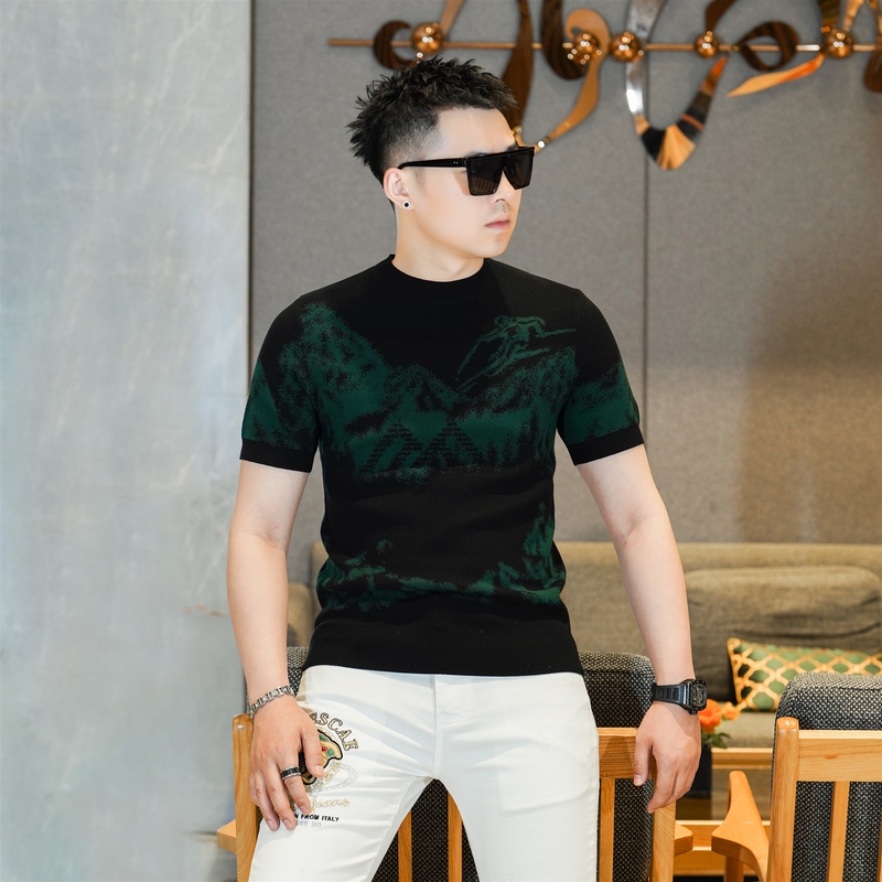 2025 Autumn New High-End Black-Green Mulberry Silk Blend Round Neck Knit Short-Sleeve Sweater for Men Gl65310