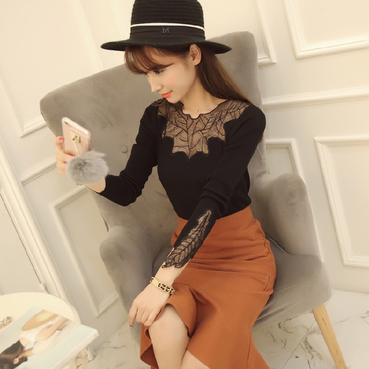 Cộng với phân bón XL mùa thu áo dài tay áo dài co giãn thời trang hoang dã đan áo len đáy áo len nữ tay lỡ