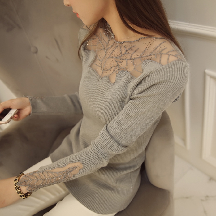 Cộng với phân bón XL mùa thu áo dài tay áo dài co giãn thời trang hoang dã đan áo len đáy áo len nữ tay lỡ