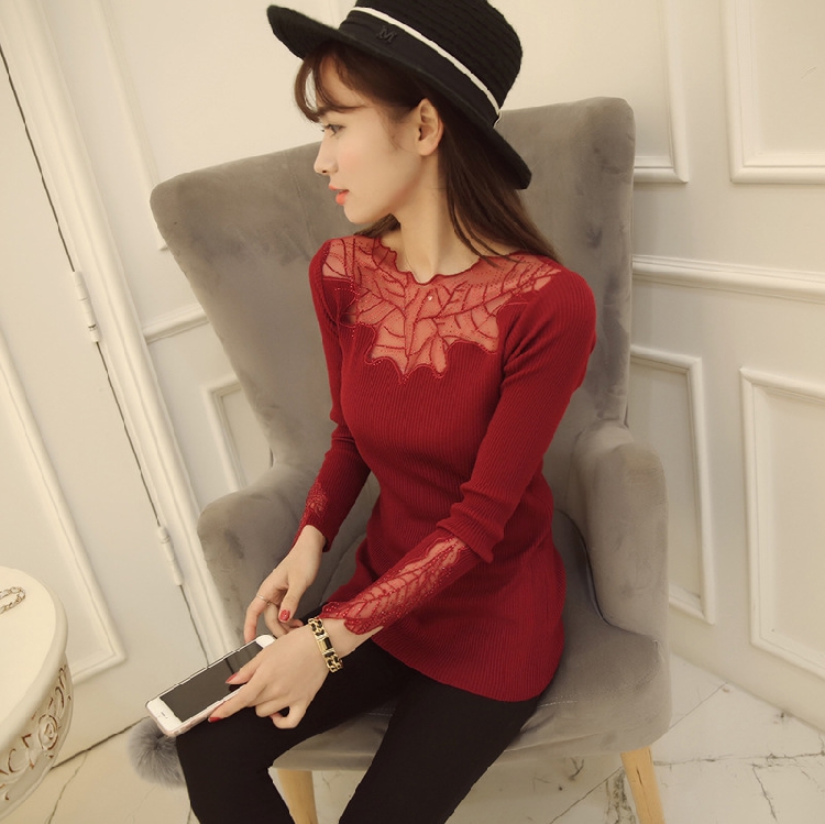 Cộng với phân bón XL mùa thu áo dài tay áo dài co giãn thời trang hoang dã đan áo len đáy áo len nữ tay lỡ