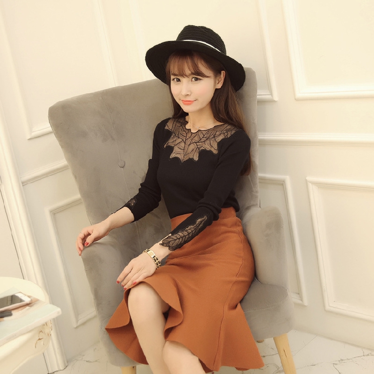 Cộng với phân bón XL mùa thu áo dài tay áo dài co giãn thời trang hoang dã đan áo len đáy áo len nữ tay lỡ