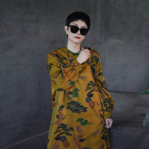 Glance at eye-sucking retro gust silk-smooth silk-crepe satin cloud yarn mulberry silk long style dress with dress long sleeve round collar