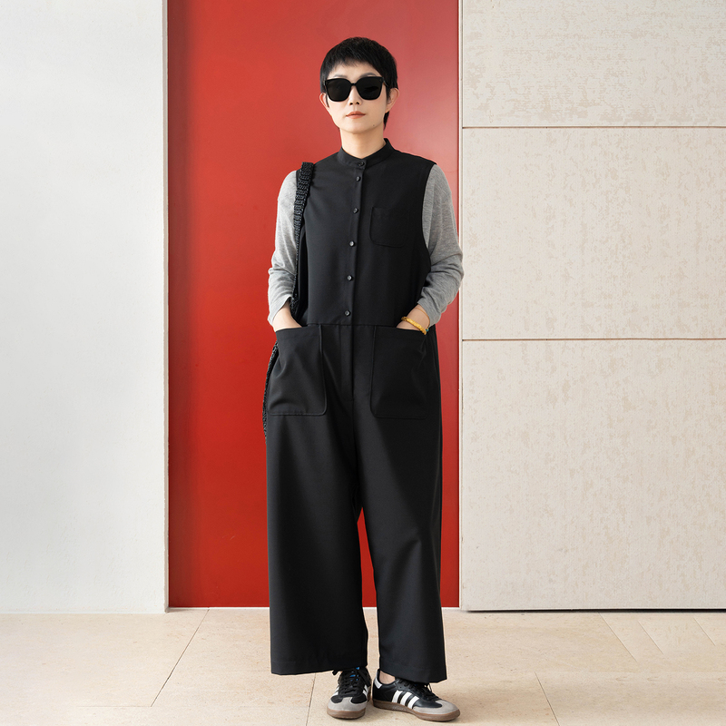 The Meet British Classic Barringworth Series Wool Sleeveless Jumpsuit Black Slimming One-Piece Pants