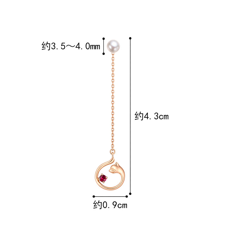 六福珠宝猫主子红宝石淡水珍珠18K金耳钉单只定价cMDSKE0012R【联系客服补货】