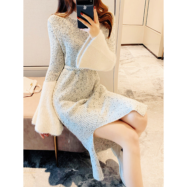 Gao Leng Yujie style mature bottoming dress women's autumn and winter long waist and thin temperament over-the-knee knitted sweater dress