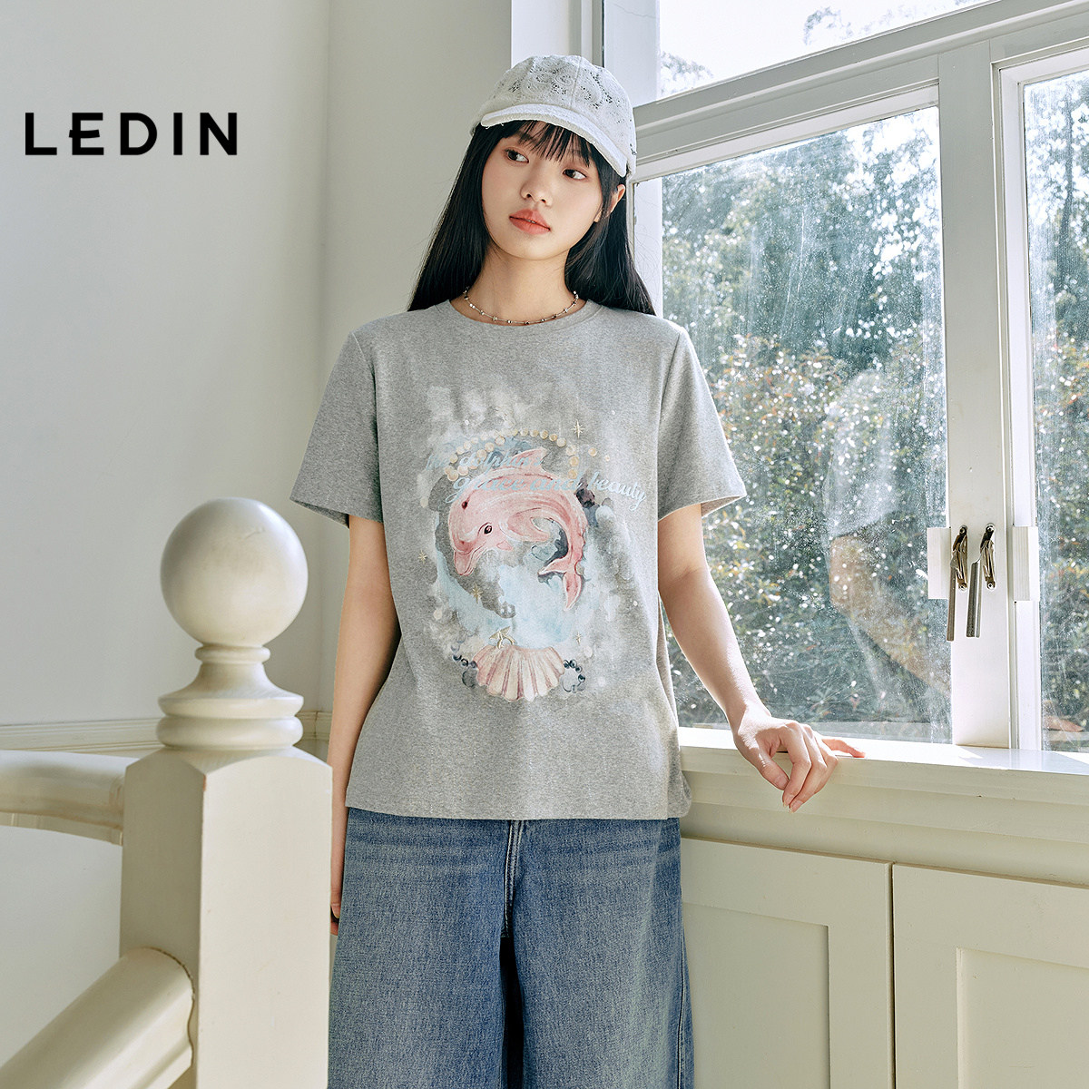 【ショッピングモールと同じスタイル】LeDingオーシャンエレメントTシャツ、新作サマースタイル、漫画プリント、ゆったり半袖、C1CNF2407