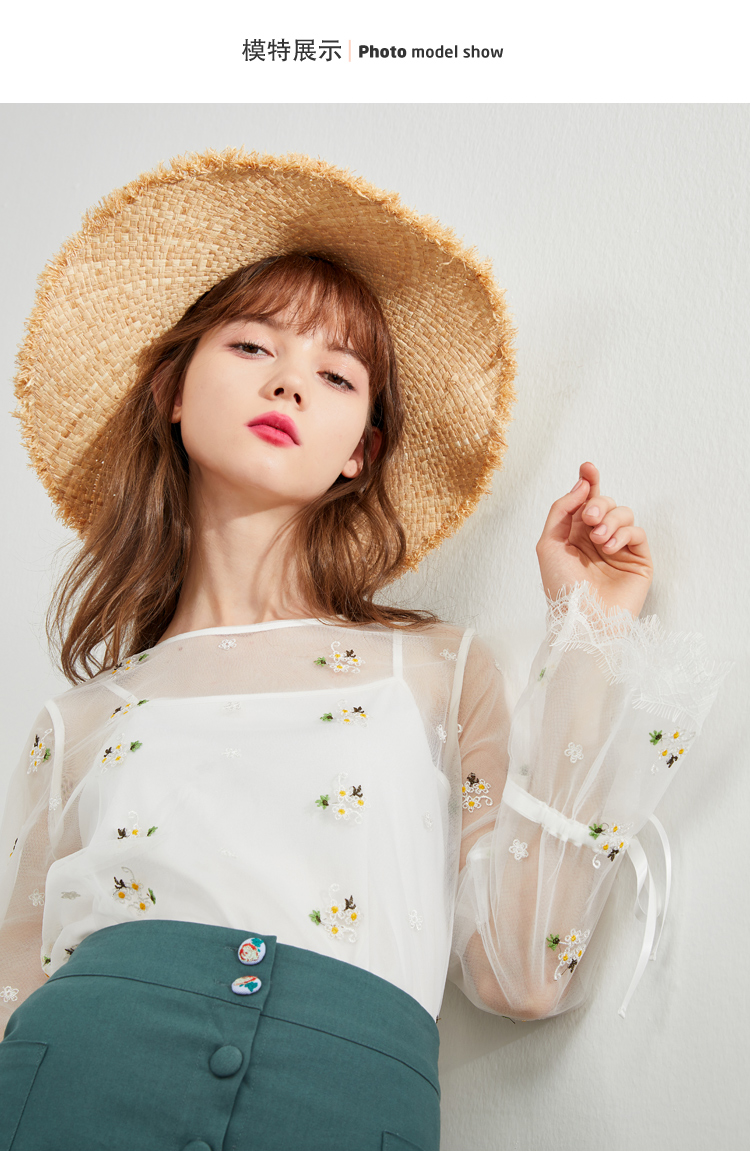 乐 町 2018Summer Máy chăm sóc thêu mới của phụ nữ Sling Top Áo dài tay Offset Áo voan dài tay áo sơ mi voan kiểu hàn quốc