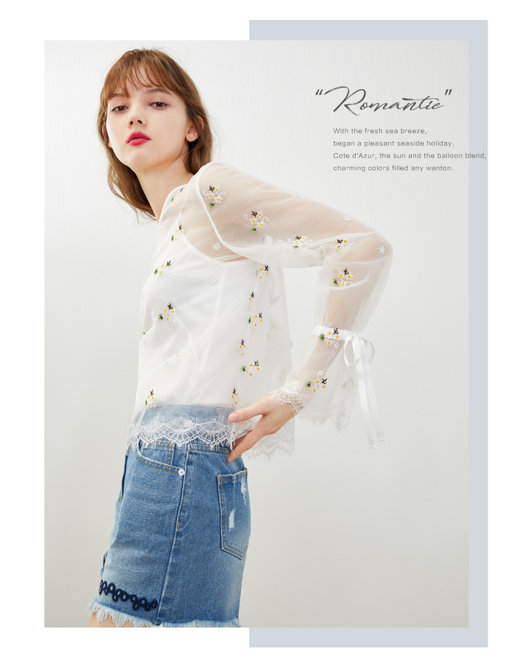 乐 町 2018Summer Máy chăm sóc thêu mới của phụ nữ Sling Top Áo dài tay Offset Áo voan dài tay áo sơ mi voan kiểu hàn quốc