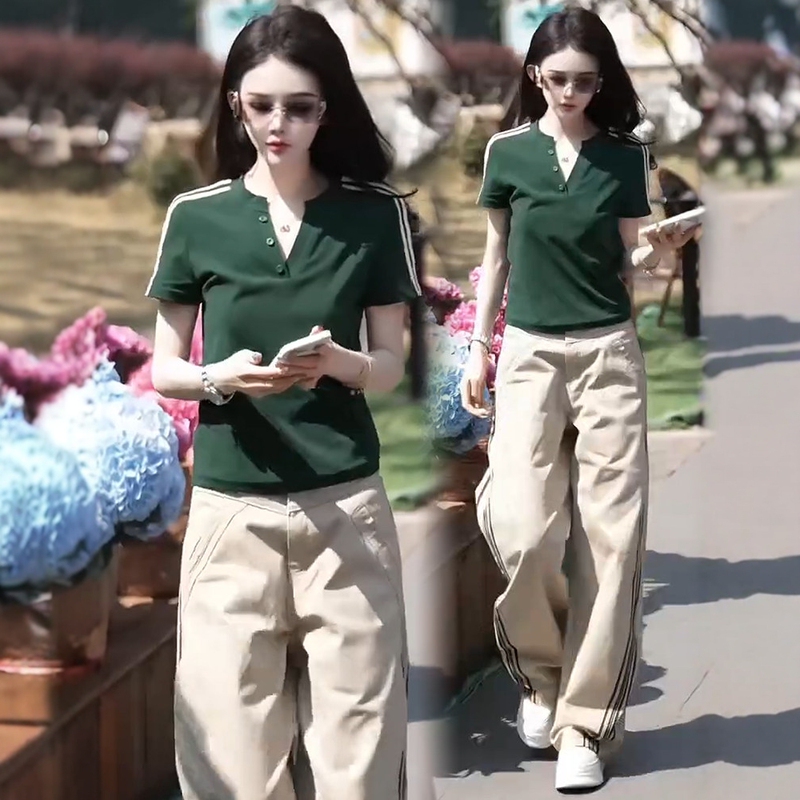 V-Neck Short-Sleeve Suit for Women 2026 Summer New Striped Three-Stripe Versatile Slim-Fit Wide-Leg Pants Two-Piece Set