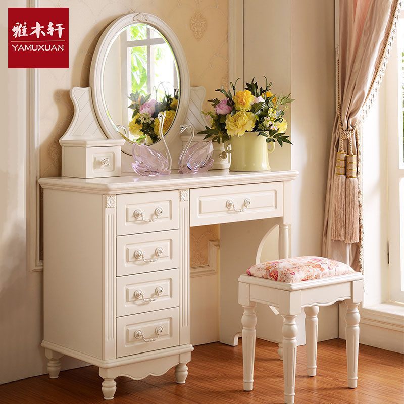 Korean style dressing table makeup stool 1 meter bedroom French pastoral solid wood dressing table stool combination white makeup table