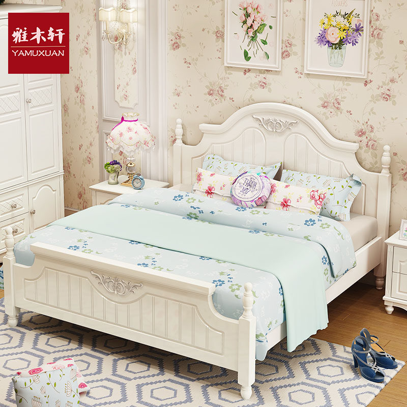 Korean pastoral bed 1 5 1 8 meters simple European double bed solid wood wedding bed princess bed high box bed ivory white