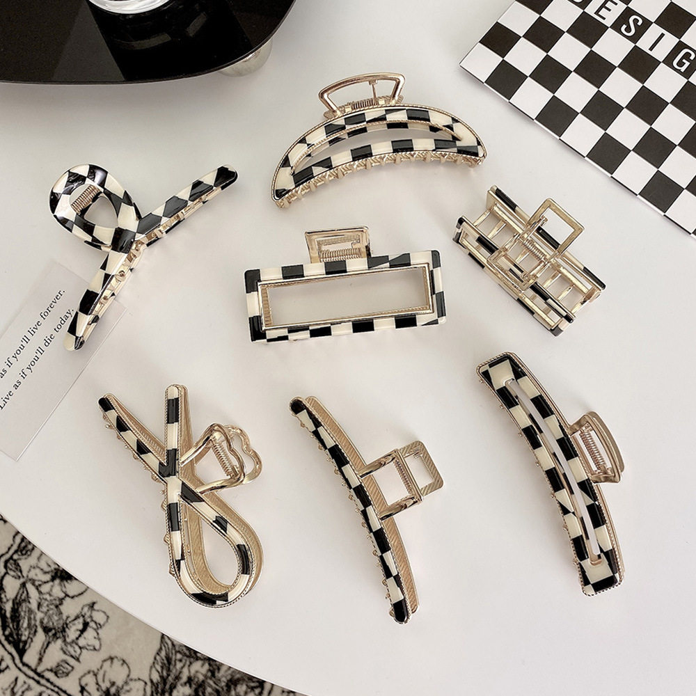2022 spring and summer temperament acetate black and white checkerboard metal clip simple net red wild shark clip hair accessories girl