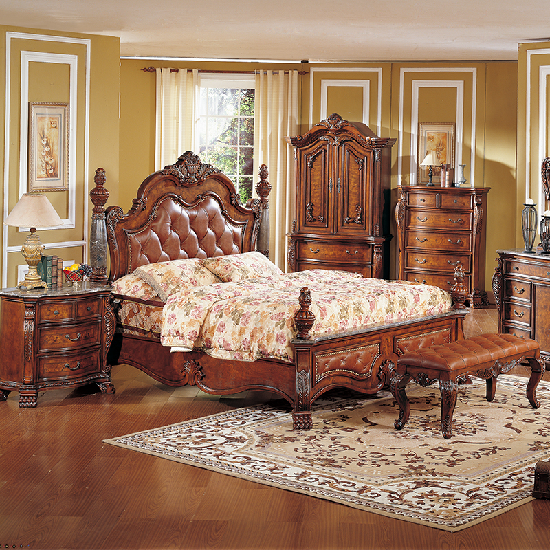 American solid wood master bedroom luxury wedding leather double original wood carved European style antique villa Emperor Mou