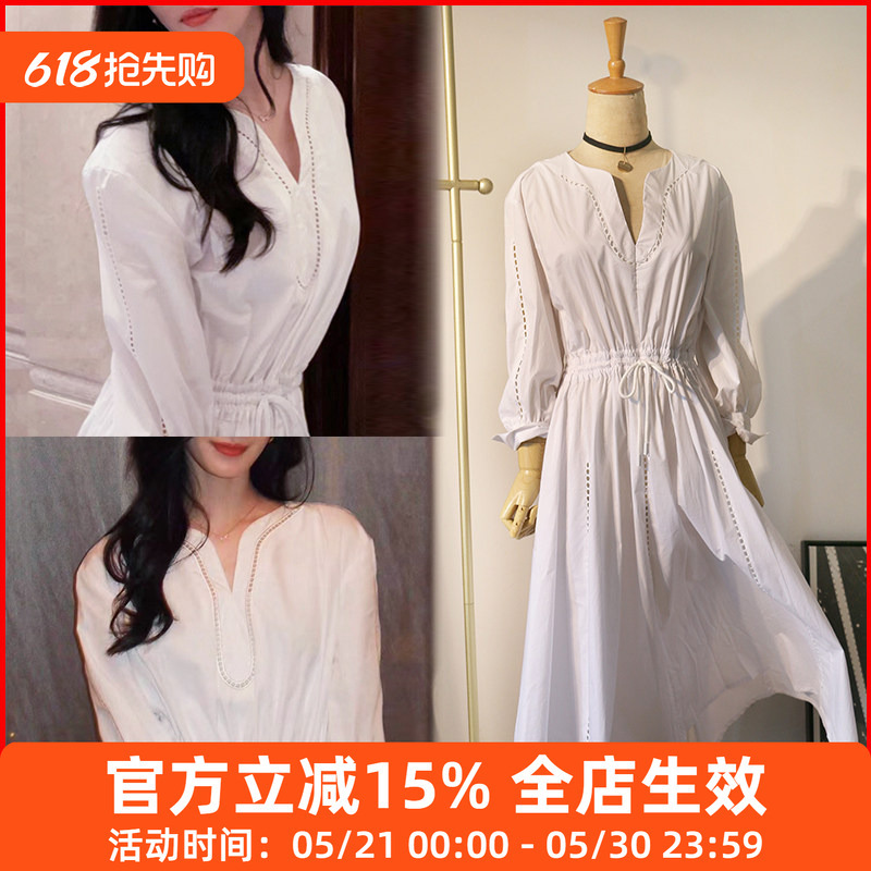 Liu Shishi Celebrity Style White Waist-Cinching Dress for Women, Autumn French Hollow-Out First Love Super Fairy-Like Long Dress Liu Shishi Celebrity Style White Waist-Cinching Dress for Women, Autumn French Hollow-Out First Love Super Fairy-Like Long Dress