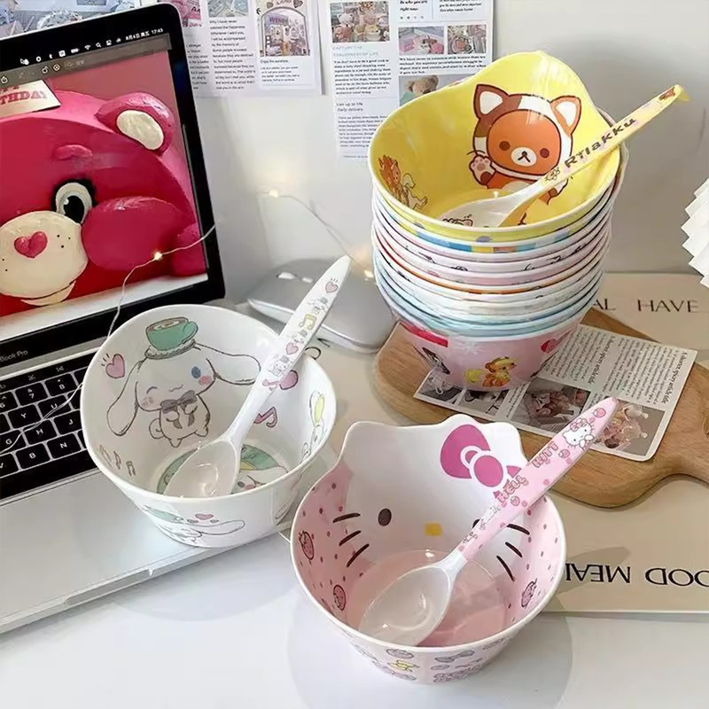 Cartoon Kuromi Cinnamoroll Cute Kt Cat Anti-Scald Children's Bowl Baby Anti-Fall Rice Bowl Spoon and Chopsticks Student Instant Noodle Large Bowl