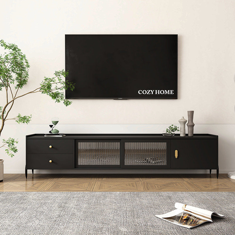 Full solid wood TV cabinet Nordic minimalist modern small family type light lavish glass door living room tea table TV cabinet combination