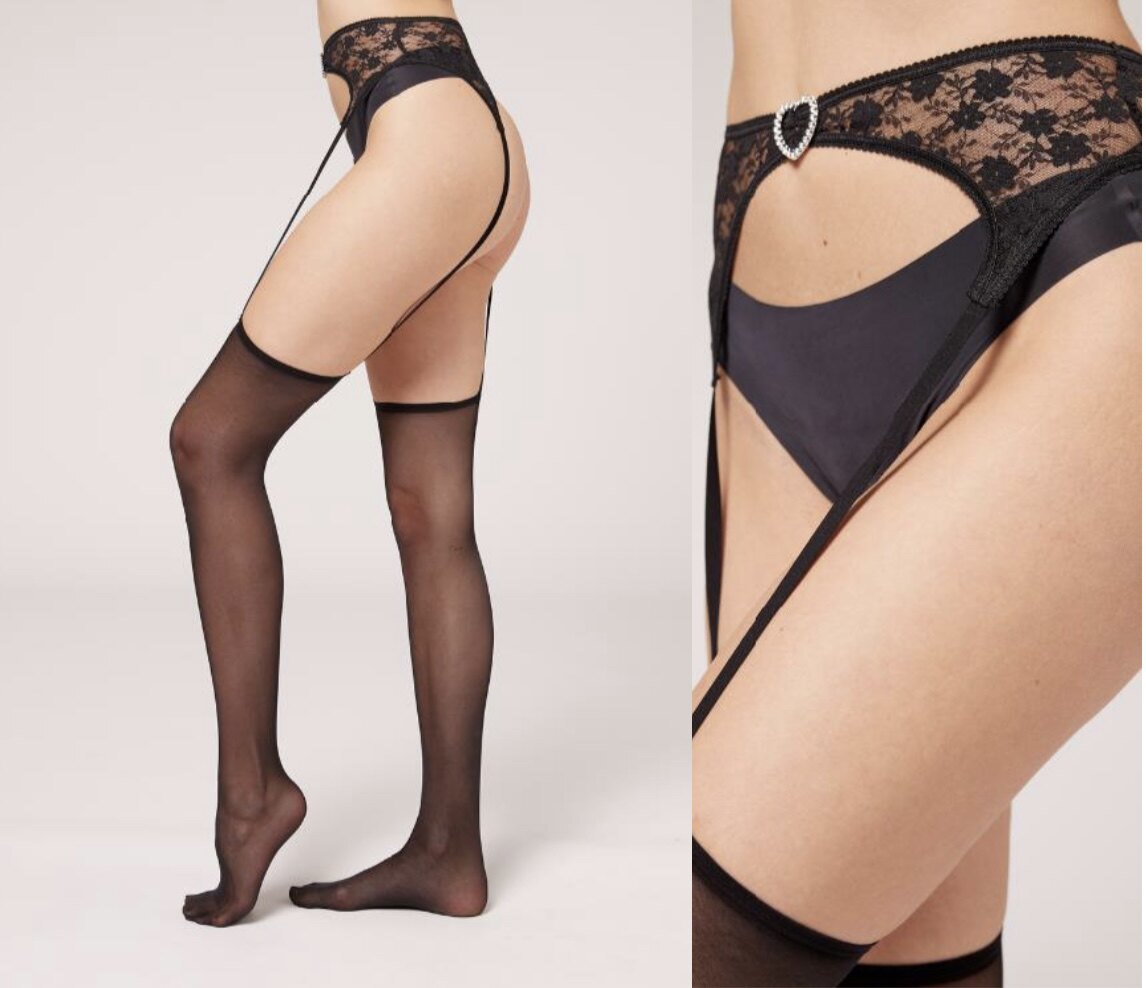 колготки / чулки дна calzedonia24情人节限定系列 新款女士黑色吊袜 爱心扣透肉蕾丝