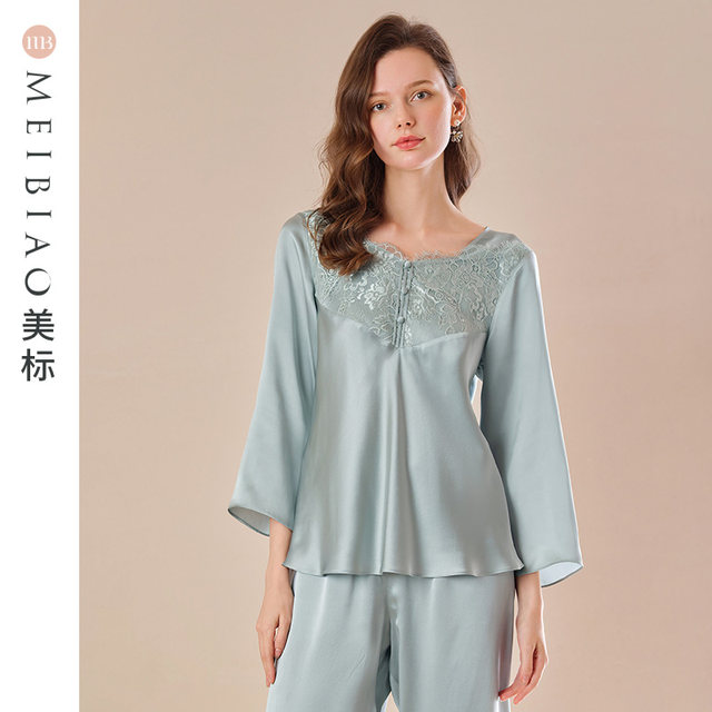 ໂສ້ງຂາຍາວພາກຮຽນ spring ແລະ summer ມາດຕະຖານອາເມລິກາ 6A grade pajamas ສໍາລັບແມ່ຍິງ high-end ໄຫມ 100% mulberry silk home wear two-piece suit autumn