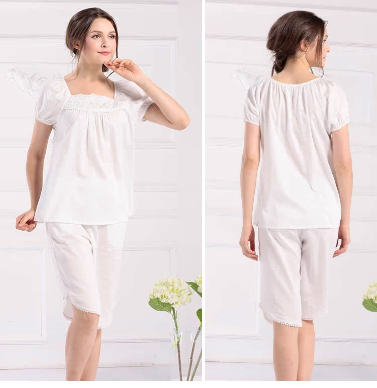 Phụ nữ tiêu chuẩn Mỹ mùa xuân và mùa hè mới ren đồ ngủ ngắn tay cotton hai mảnh phù hợp với bông có thể được mặc bên ngoài dịch vụ nhà bộ hoạt hình dễ thương