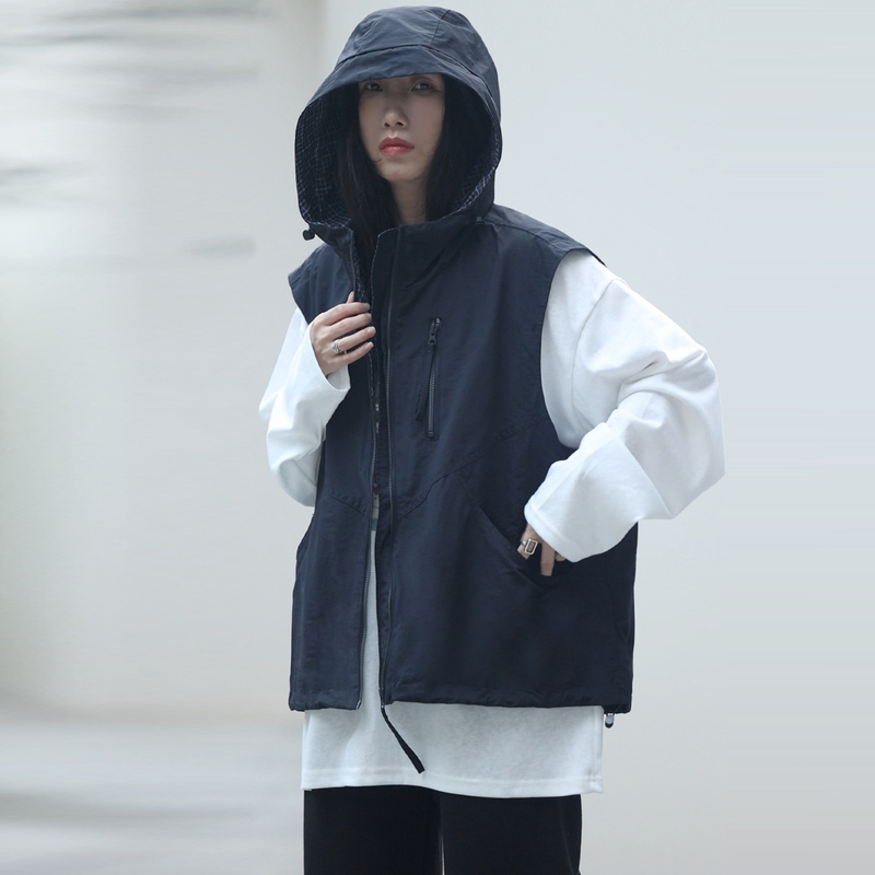 Navy Blue Workwear-Style Hooded Vest for Women, Short Casual Loose-Fit Zip-Up Sleeveless Jacket, Trendy Cotton Fabric