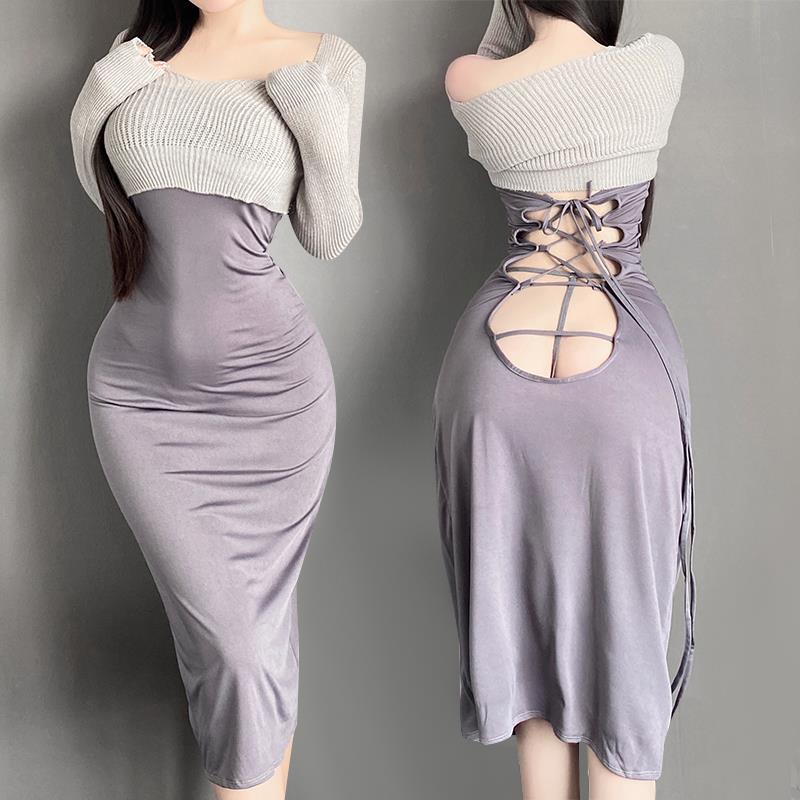 Sexy Backless Mom Dress, Intimates, Hip-Covering Pajamas, Ice Silk Dress, Cut Out Tight-Fitting Butt-Revealing Knitted Sweater Set